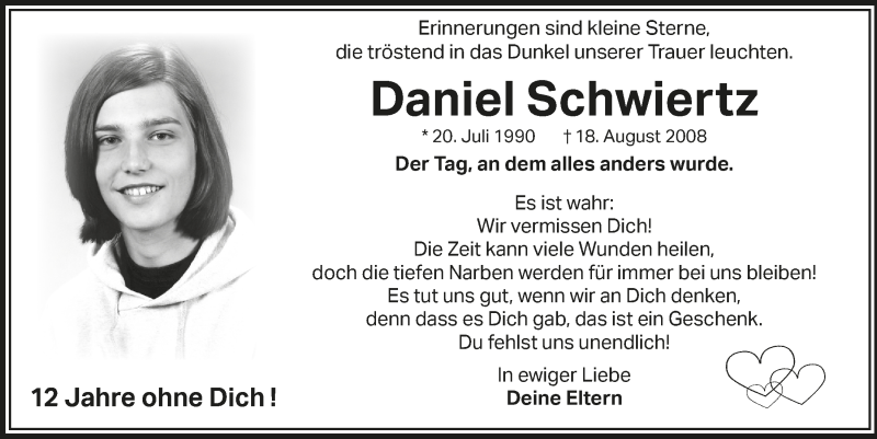  Traueranzeige für Daniel Schwiertz vom 21.08.2020 aus  Bergisches Handelsblatt 