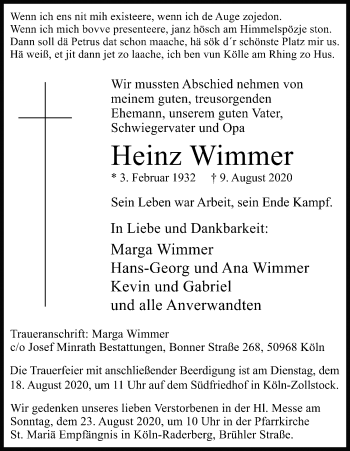 Anzeige von Heinz Wimmer von Kölner Stadt-Anzeiger / Kölnische Rundschau / Express