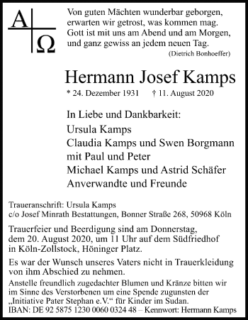 Anzeige von Hermann Josef Kamps von Kölner Stadt-Anzeiger / Kölnische Rundschau / Express