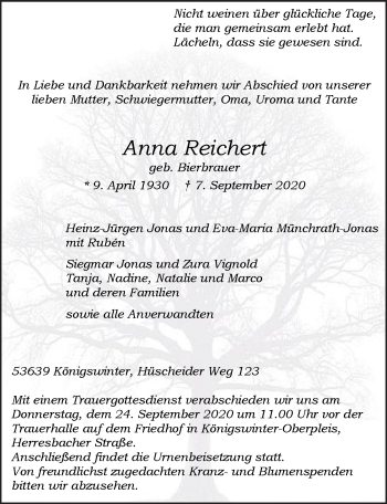 Anzeige von Anna Reichert von  Extra Blatt 