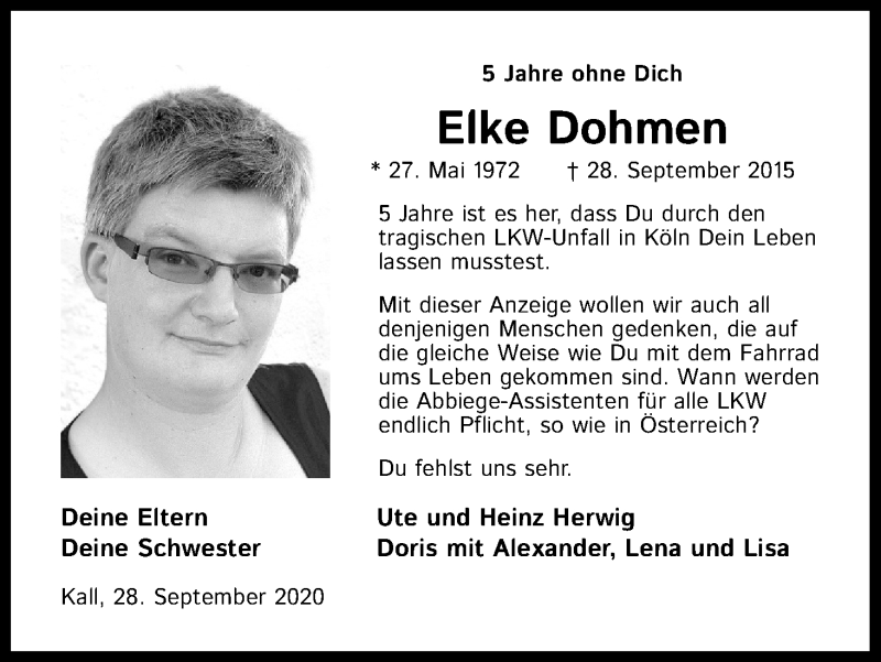 Traueranzeige für Elke Dohmen vom 28.09.2020 aus Kölner Stadt-Anzeiger / Kölnische Rundschau / Express