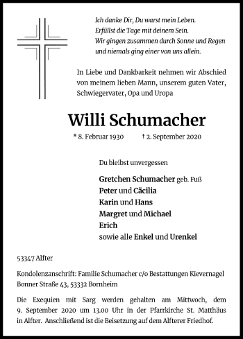Anzeige von Willi Schumacher von Kölner Stadt-Anzeiger / Kölnische Rundschau / Express