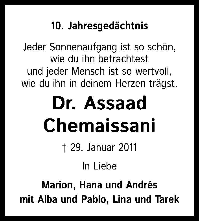  Traueranzeige für Assaad Chemaissani vom 29.01.2021 aus Kölner Stadt-Anzeiger / Kölnische Rundschau / Express