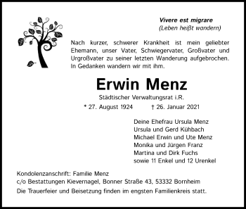 Anzeige von Erwm Menz von Kölner Stadt-Anzeiger / Kölnische Rundschau / Express
