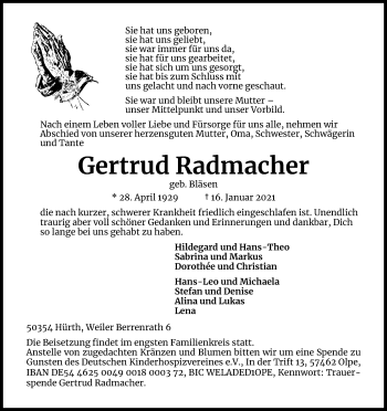 Anzeige von Gertrud Radmacher von Kölner Stadt-Anzeiger / Kölnische Rundschau / Express
