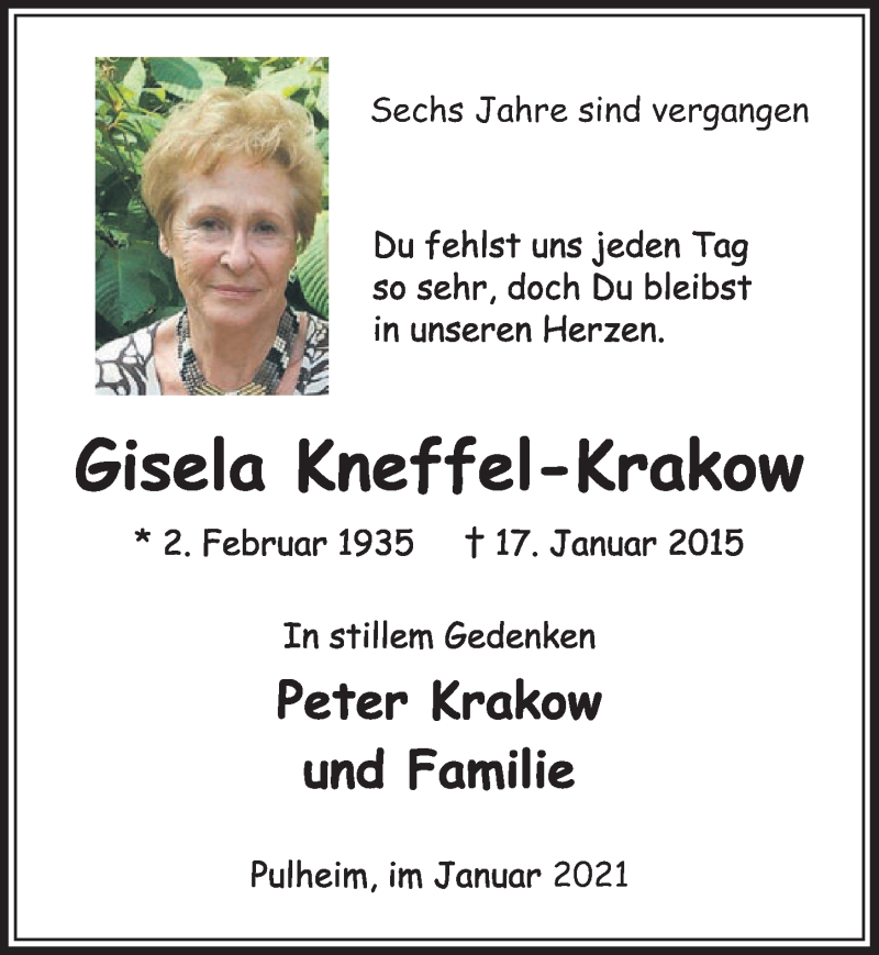  Traueranzeige für Gisela Kneffel-Krakow vom 15.01.2021 aus  Wochenende 