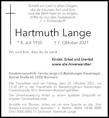 Anzeige von Hartmuth Lange von Kölner Stadt-Anzeiger / Kölnische Rundschau / Express