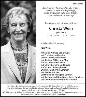 Anzeige von Christa Wein von Kölner Stadt-Anzeiger / Kölnische Rundschau / Express