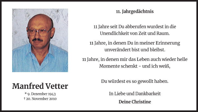  Traueranzeige für Manfred Vetter vom 20.11.2021 aus Kölner Stadt-Anzeiger / Kölnische Rundschau / Express