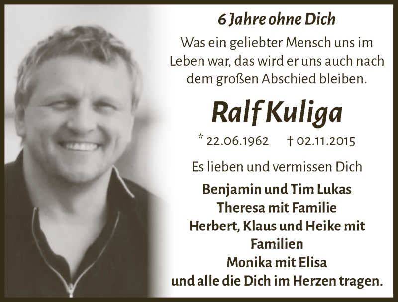  Traueranzeige für Ralf Kuliga vom 05.11.2021 aus  Anzeigen Echo 