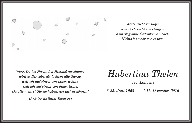  Traueranzeige für Hubertina Thelen vom 17.12.2021 aus  Werbepost 