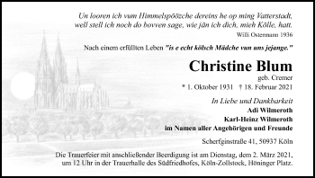 Anzeige von Christine Blum von Kölner Stadt-Anzeiger / Kölnische Rundschau / Express