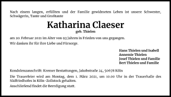 Anzeige von Katharina Claeser von Kölner Stadt-Anzeiger / Kölnische Rundschau / Express