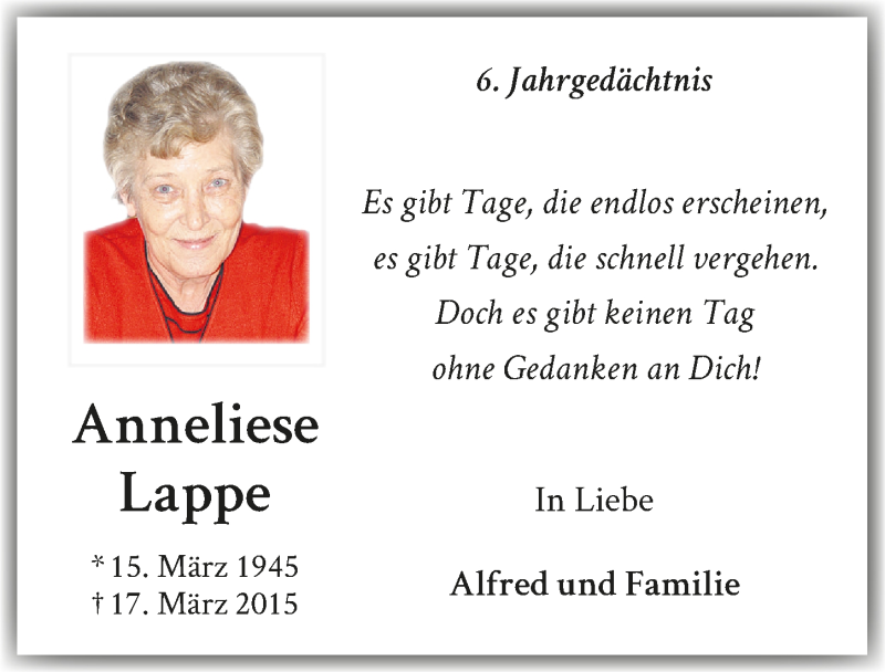  Traueranzeige für Anneliese Lappe vom 13.03.2021 aus  Blickpunkt Euskirchen 