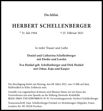 Anzeige von Herbert Schellenberger von Kölner Stadt-Anzeiger / Kölnische Rundschau / Express
