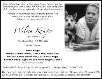 Anzeige von Wilma Krüger von Kölner Stadt-Anzeiger / Kölnische Rundschau / Express