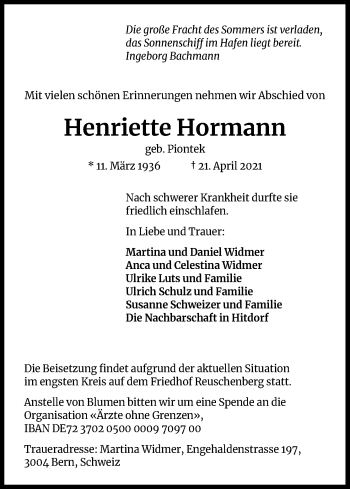 Anzeige von Henriette Hormann von Kölner Stadt-Anzeiger / Kölnische Rundschau / Express