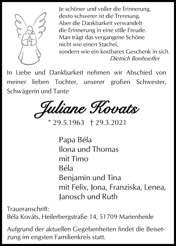 Anzeige von Juliane Kovats von Kölner Stadt-Anzeiger / Kölnische Rundschau / Express
