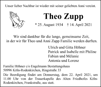 Anzeige von Theo Zupp von Kölner Stadt-Anzeiger / Kölnische Rundschau / Express