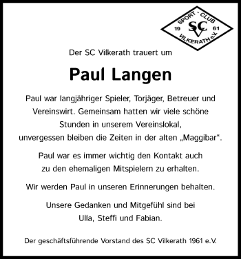 Anzeige von Paul Langen von Kölner Stadt-Anzeiger / Kölnische Rundschau / Express