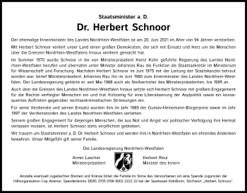 Anzeige von Herbert Schnoor von Kölner Stadt-Anzeiger / Kölnische Rundschau / Express