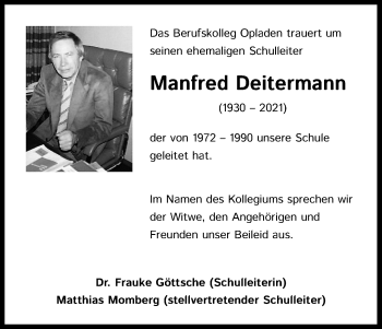Anzeige von Manfred Deitermann von Kölner Stadt-Anzeiger / Kölnische Rundschau / Express