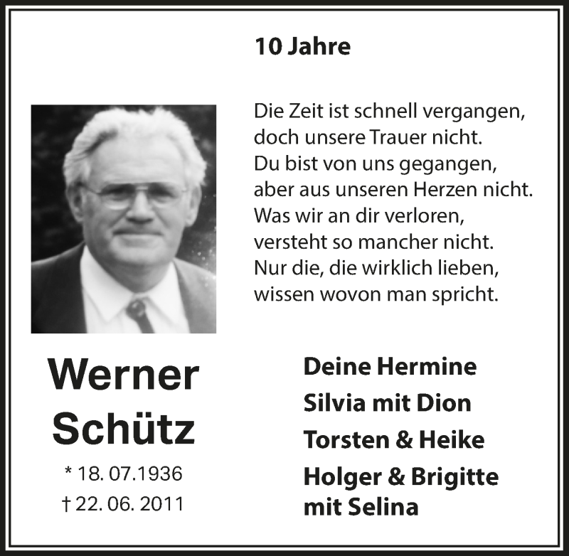  Traueranzeige für Werner Schütz vom 11.06.2021 aus  Lokalanzeiger 