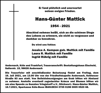 Anzeige von Hans-Günter Mattick von Kölner Stadt-Anzeiger / Kölnische Rundschau / Express