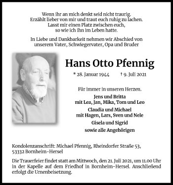 Anzeige von Hans Otto Pfennig von Kölner Stadt-Anzeiger / Kölnische Rundschau / Express