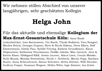 Anzeige von Helga John von Kölner Stadt-Anzeiger / Kölnische Rundschau / Express