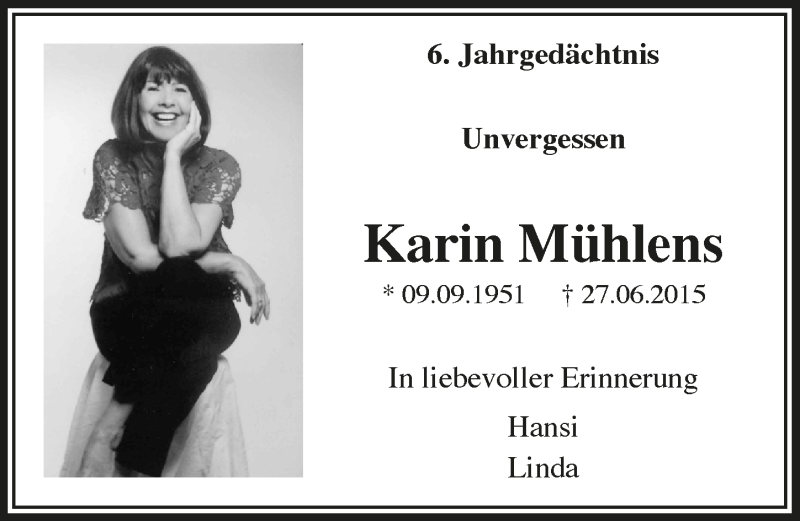  Traueranzeige für Karin Mühlens vom 09.07.2021 aus  Schlossbote/Werbekurier 