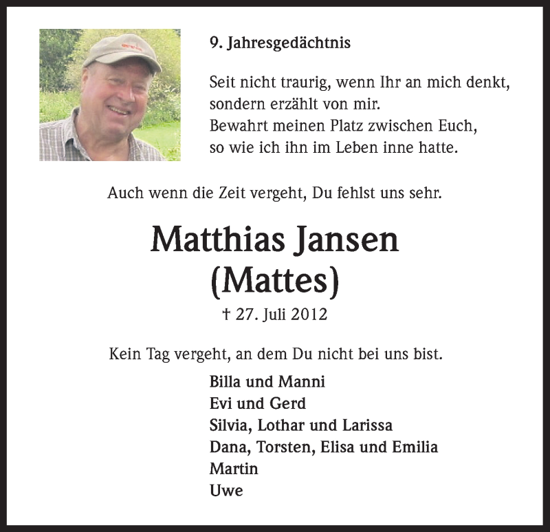 Traueranzeige für Matthias Jansen vom 27.07.2021 aus Kölner Stadt-Anzeiger / Kölnische Rundschau / Express