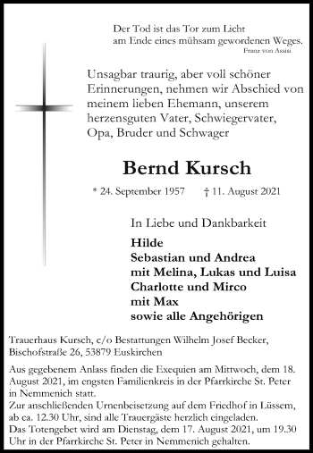 Anzeige von Bernd Kursch von Kölner Stadt-Anzeiger / Kölnische Rundschau / Express