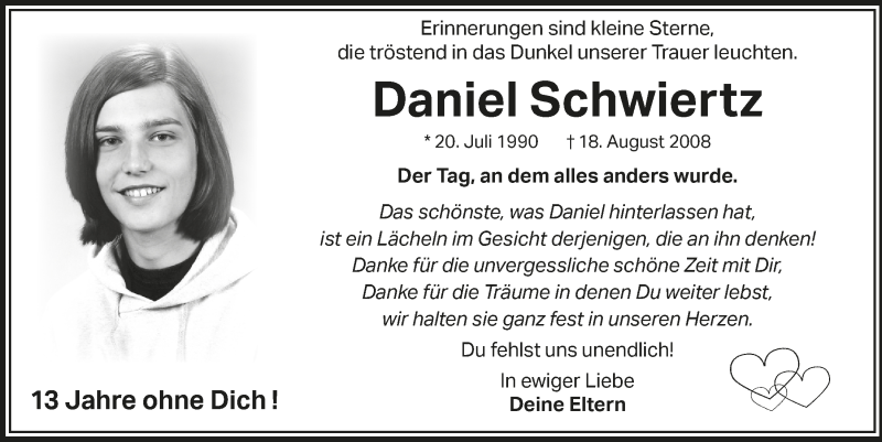  Traueranzeige für Daniel Schwiertz vom 20.08.2021 aus  Bergisches Handelsblatt 