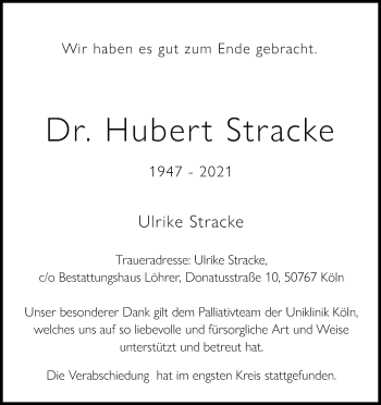 Anzeige von Hubert Stracke von Kölner Stadt-Anzeiger / Kölnische Rundschau / Express