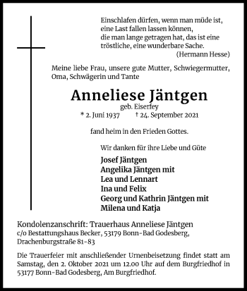 Anzeige von Anneliese Jäntgen von Kölner Stadt-Anzeiger / Kölnische Rundschau / Express