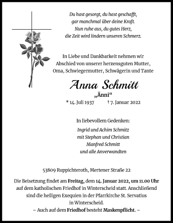 Anzeige von Anna Schmitt von Kölner Stadt-Anzeiger / Kölnische Rundschau / Express
