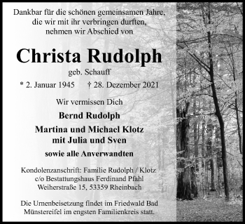 Anzeige von Christa Rudolph von Kölner Stadt-Anzeiger / Kölnische Rundschau / Express