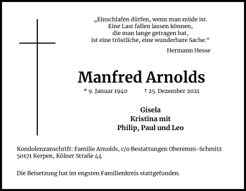 Anzeige von Manfred Arnolds von Kölner Stadt-Anzeiger / Kölnische Rundschau / Express