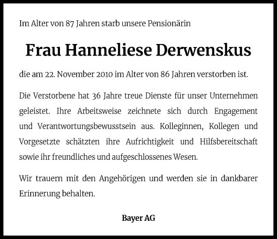Anzeige von Hanneliese Derwenskus von Kölner Stadt-Anzeiger / Kölnische Rundschau / Express