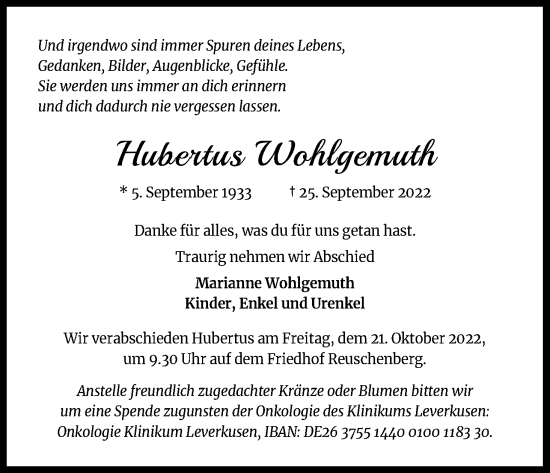 Anzeige von Hubertus Wohlgemuth von Kölner Stadt-Anzeiger / Kölnische Rundschau / Express