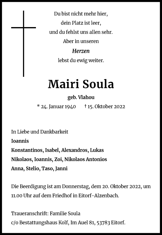 Anzeige von Mairi Soula von Kölner Stadt-Anzeiger / Kölnische Rundschau / Express