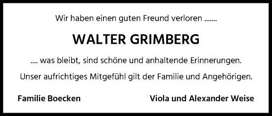 Anzeige von Walter Grimberg von Kölner Stadt-Anzeiger / Kölnische Rundschau / Express