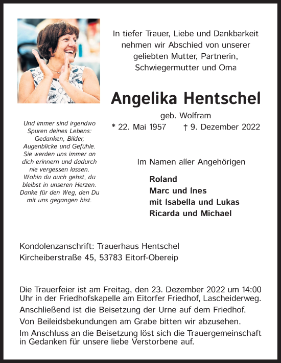 Anzeige von Angelika Hentschel von Kölner Stadt-Anzeiger / Kölnische Rundschau / Express