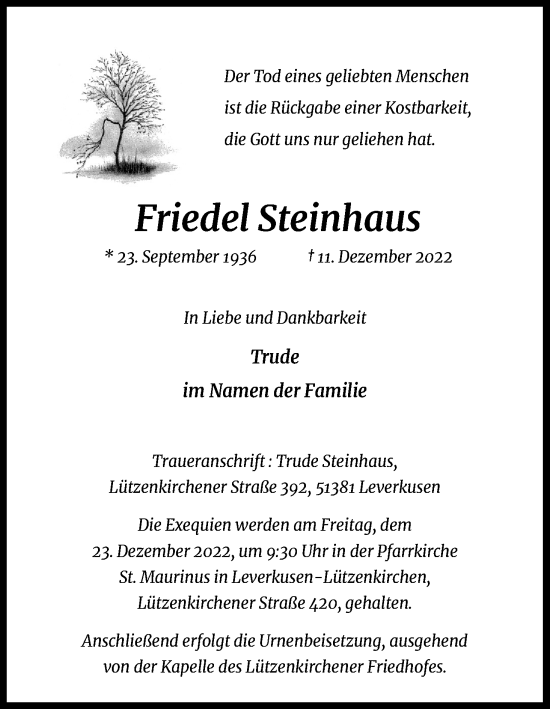 Anzeige von Friedel Steinhaus von Kölner Stadt-Anzeiger / Kölnische Rundschau / Express