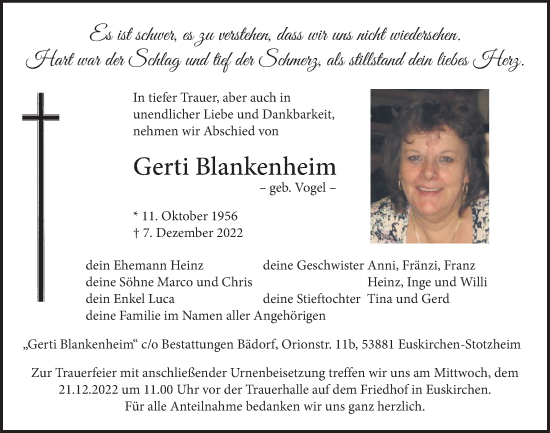 Anzeige von Gerti Blankenheim von  Blickpunkt Euskirchen 