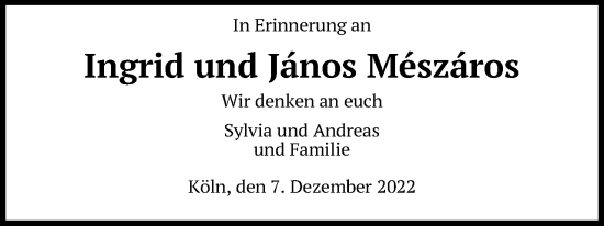 Anzeige von Ingrid Mészáros von Kölner Stadt-Anzeiger / Kölnische Rundschau / Express