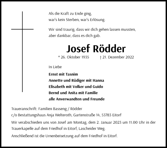 Anzeige von Josef Rödder von Kölner Stadt-Anzeiger / Kölnische Rundschau / Express