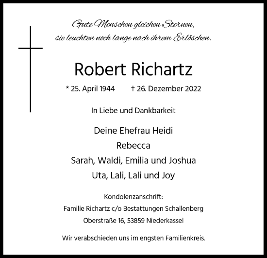 Anzeige von Robert Richartz von Kölner Stadt-Anzeiger / Kölnische Rundschau / Express