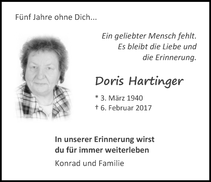  Traueranzeige für Doris Hartinger vom 05.02.2022 aus Kölner Stadt-Anzeiger / Kölnische Rundschau / Express